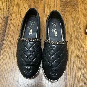 Chanel quilt chain black leat espadrilles 39 but fits like 38. BNIB